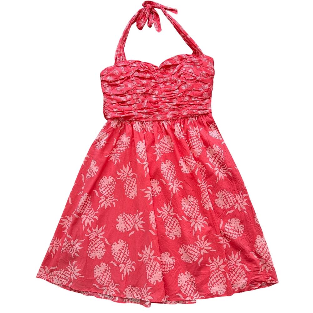 Tommy Bahama Coral Pink Pineapple Silk Lined Halter Dress 12 Ruched Midi EUC - Picture 3 of 9